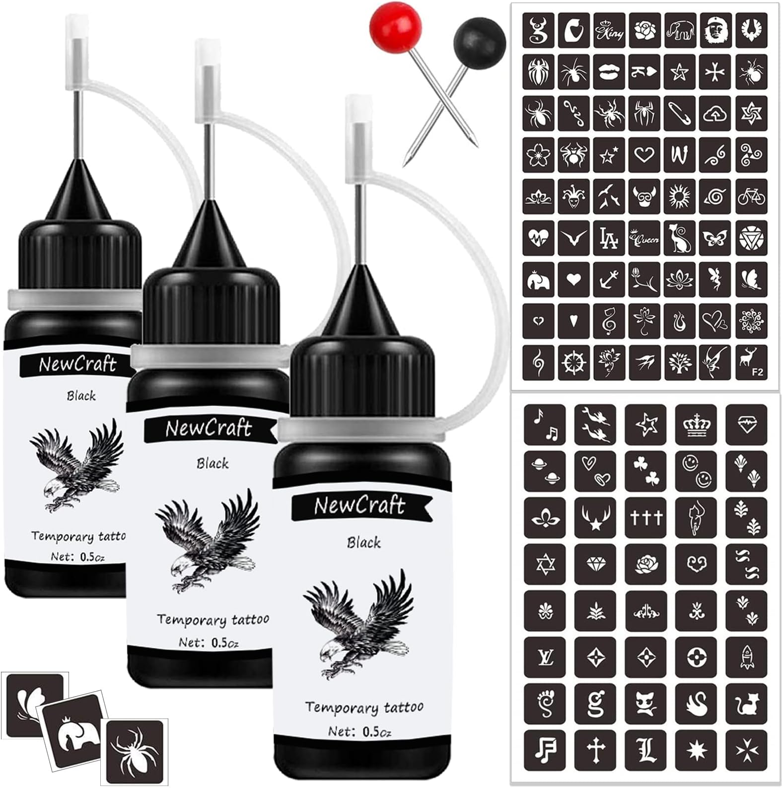3 Packs Black Temporary Tattoo Ink and Stencils for Adults Teens, Temporary Tattoo Kit Skin Friendly