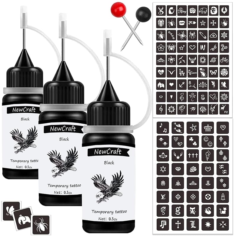 Kit NewCraft com 3 tintas pretas temporárias para tatuagem, estênceis e alfinete