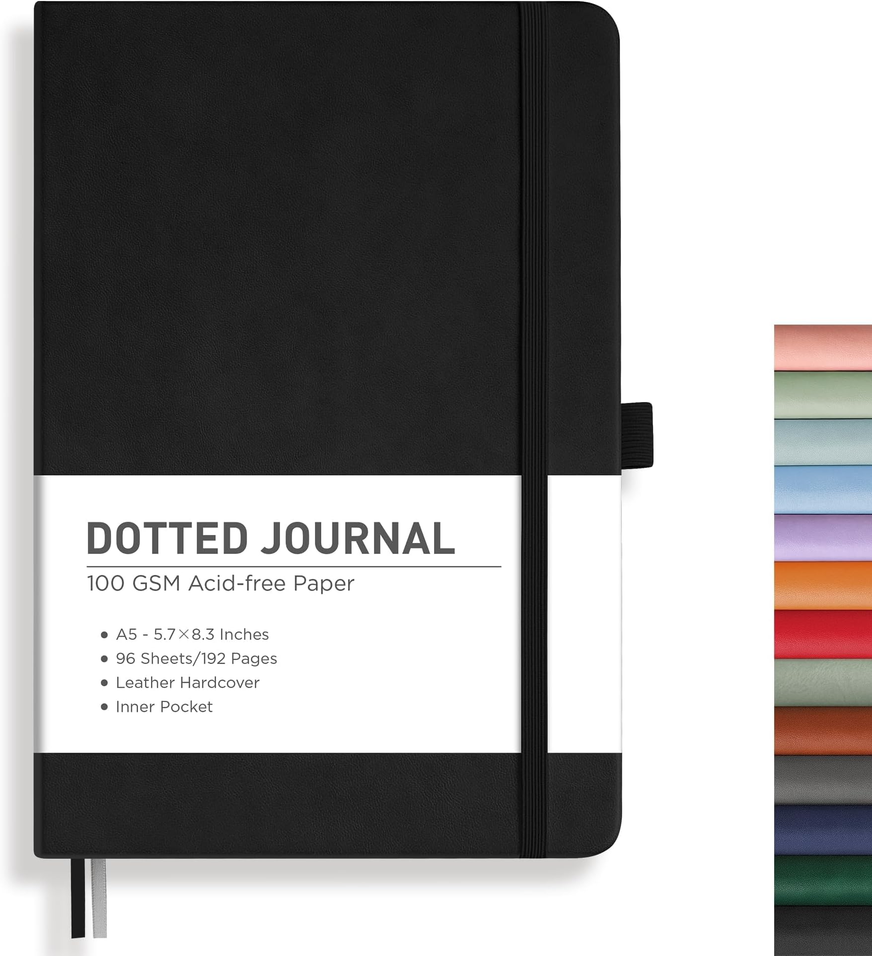 RETTACY Dotted Journal Notebook, 192 Pages, A5 Medium Size (5.7'' x 8.3''), Leather Hardcover, 100 GSM Thick Paper, for Journaling, Planning, Tracking (Black)