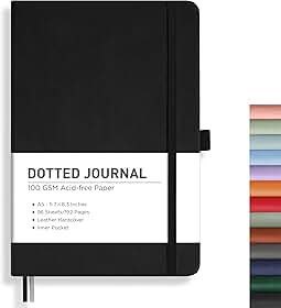 RETTACY Caderno de diário pontilhado, 192 páginas, tamanho médio A5 (14 x 21 cm), capa dura de couro, papel grosso 100 GSM, para diário de balas, planejamento, rastreamento (preto)