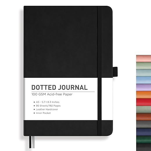 RETTACY Dotted Journal Notebook, 192 Pages, A5 Medium Size (5.7'' x 8.3''), Leather Hardcover, 100 GSM Thick Paper, for Bullet Journaling, Planning, Tracking (Black)