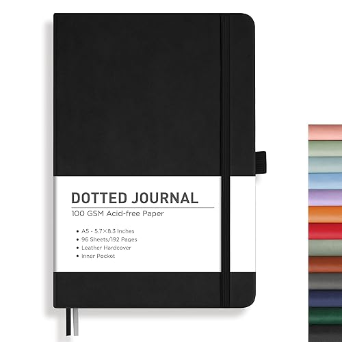 RETTACY Dotted Journal Notebook, 192 Pages, A5 Medium Size (5.7'' x 8.3''), Leather Hardcover, 100 GSM Thick Paper, for Bullet Journaling, Planning, Tracking (Black)