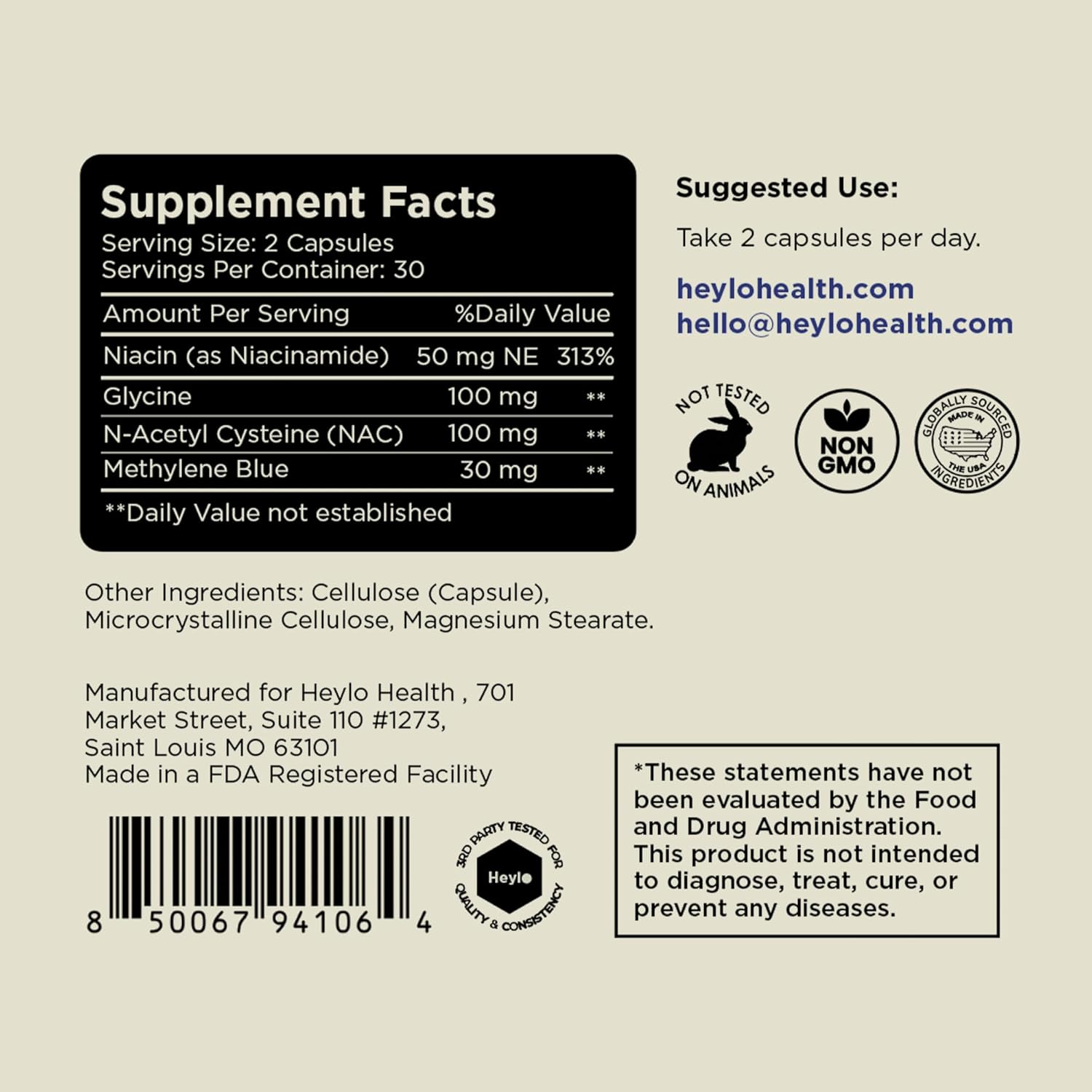 Heylo Methylene Blue Capsules - Pharmaceutical USP Grade Quality | Third Party Tested | Boosts Memory, Focus, Clarity, Energy | Supports Cellular & Mitochondrial Function, Made in USA, 30mg - Image 2