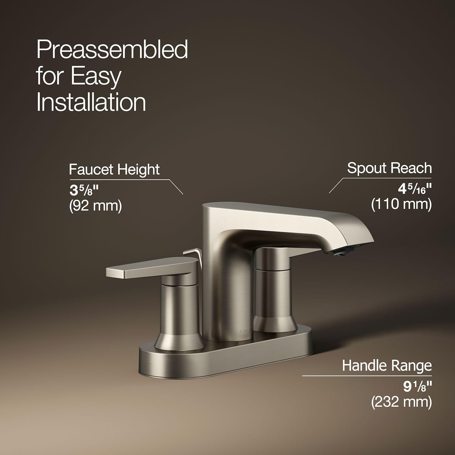 Kohler 97094-4-BN Hint® Centerset Bathroom Sink Faucet, 1.2 gpm, Vibrant Brushed Nickel