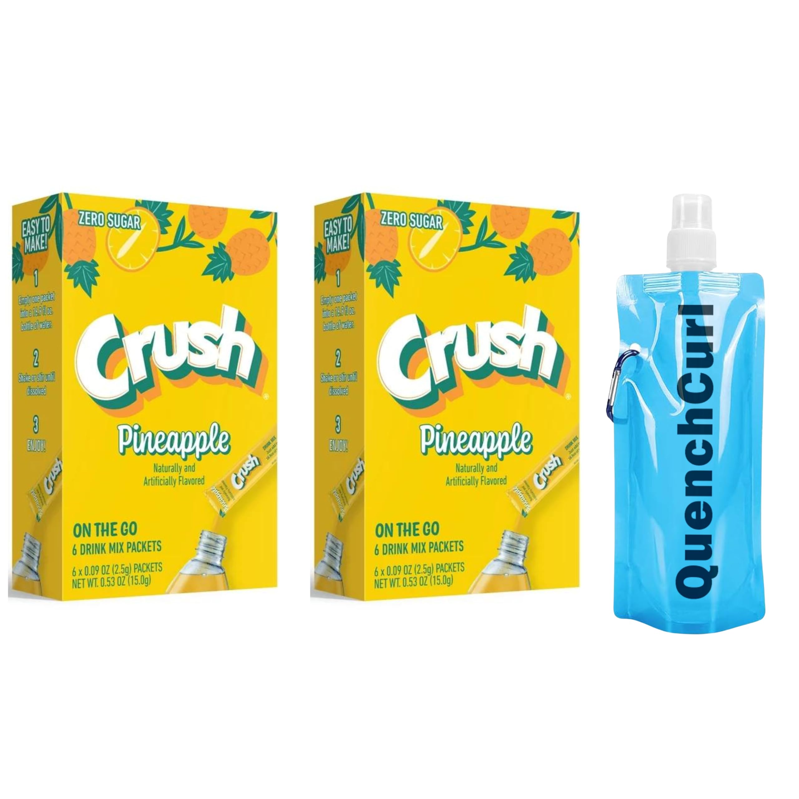 Crush On The Go Drink Mix - Two (2) Pack of 6pck/0.09oz Pouches - Sugar-Free, Low-Calorie Refreshment Anytime, Anywhere and QuenchCurl Collapsible Bottle by CureCor! Pineapple