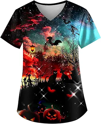 OIOLOYJM Halloween Christmas Scrub Tops Women Printed V Neck Short Sleeve Plus Size Scrubs for Womens Shirts with Pockets