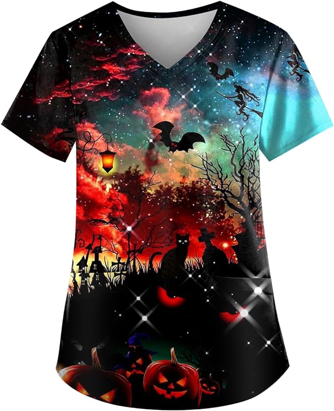 OIOLOYJM Halloween Christmas Scrub Tops Women Printed V Neck Short Sleeve Plus Size Scrubs for Womens Shirts with Pockets