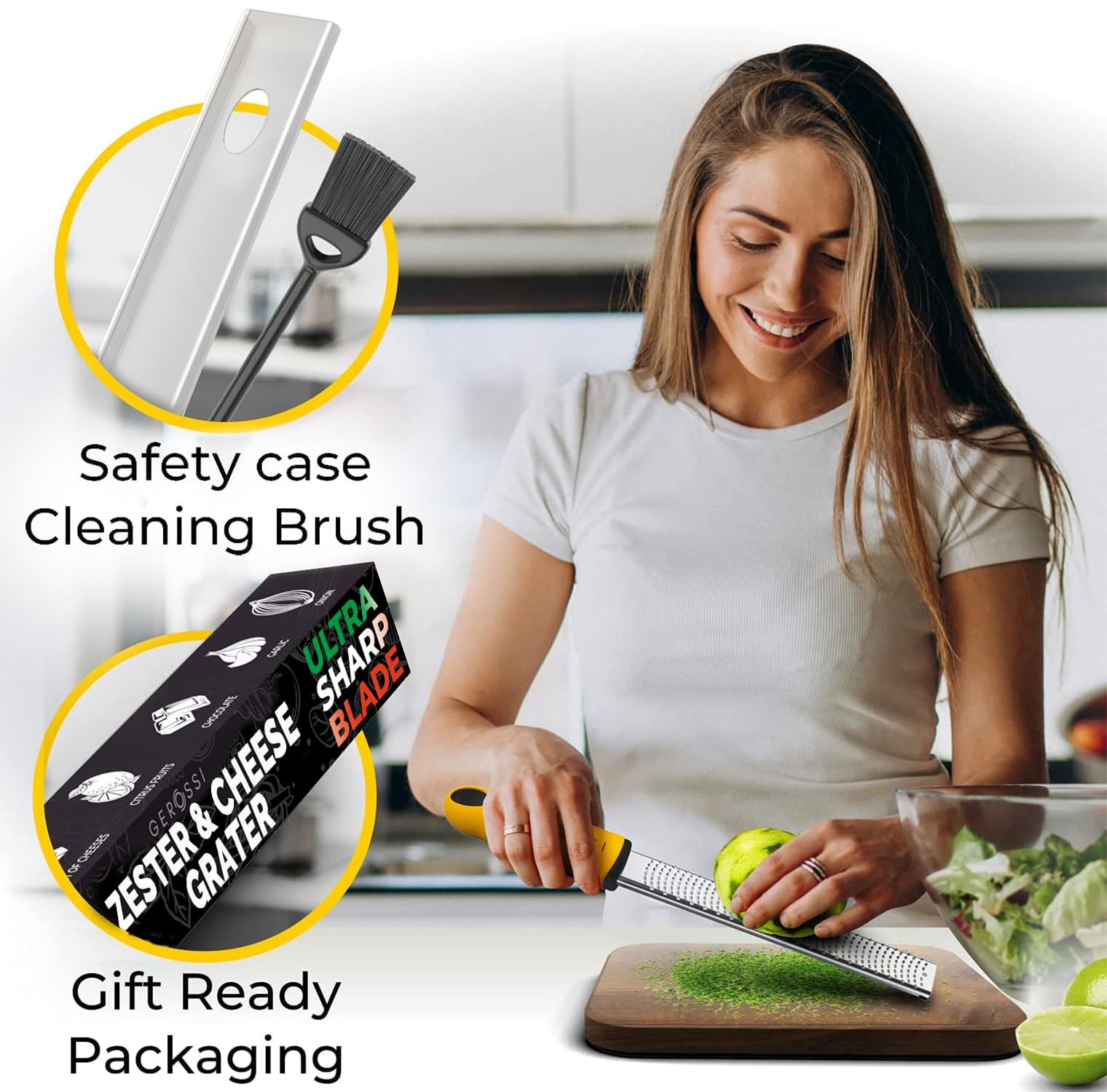 Grattugia per agrumi e formaggio, in acciaio inox 430, lama super affilata, trituratore portatile per verdure, frutta, limone, zenzero, aglio, cioccolato, spezie, grattugia con pennello e coperchio