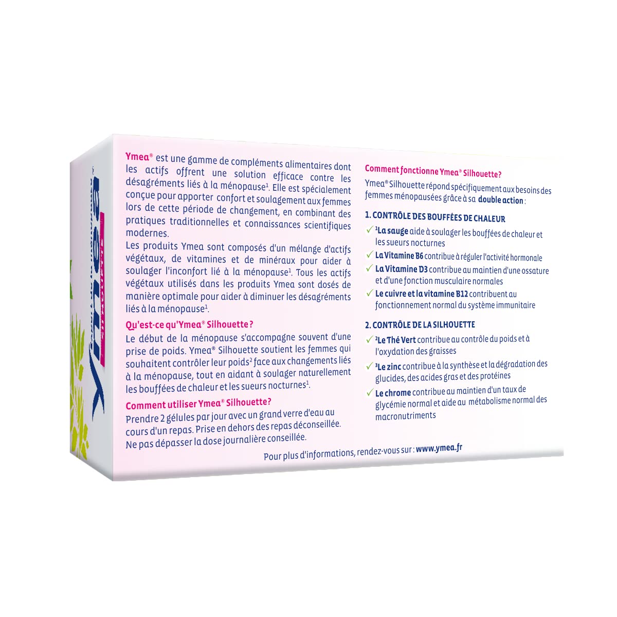 Ymea Silhouette - Complément Alimentaire ménopause - actifs végétaux, vitamines et minéraux - contrôle des bouffées de chaleur1 et de la silhouette2-128 gélules - 2 mois