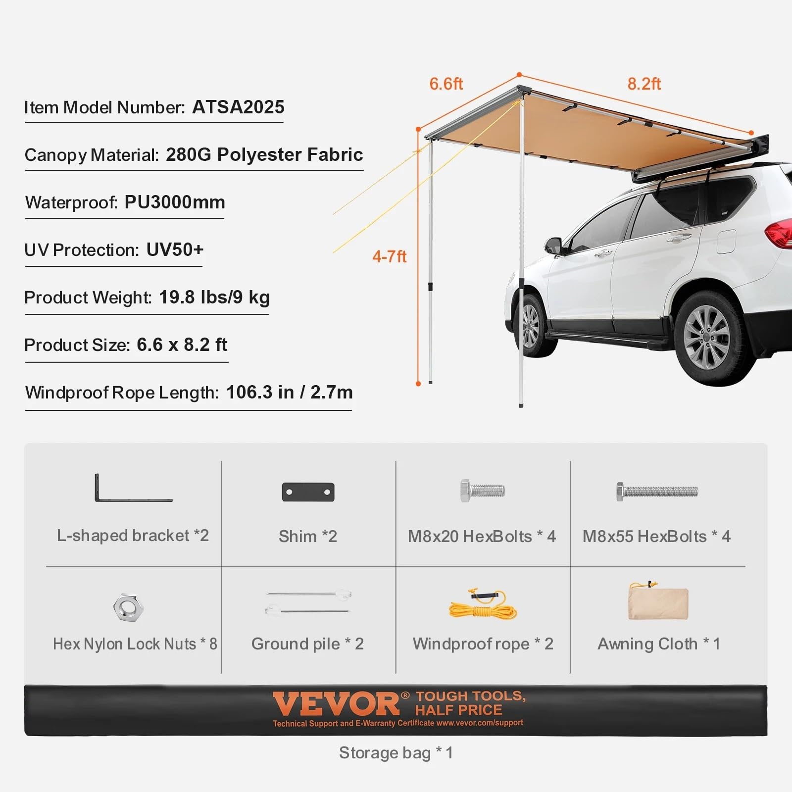 Toldo Caravana,Toldo Furgoneta Camper Toldo retráctil for vehículo, toldo Lateral for Coche, toldo for Coche con Bolsa de Almacenamiento Impermeable, Apto for camión, SUV, Furgoneta(6.6x8.2ft)