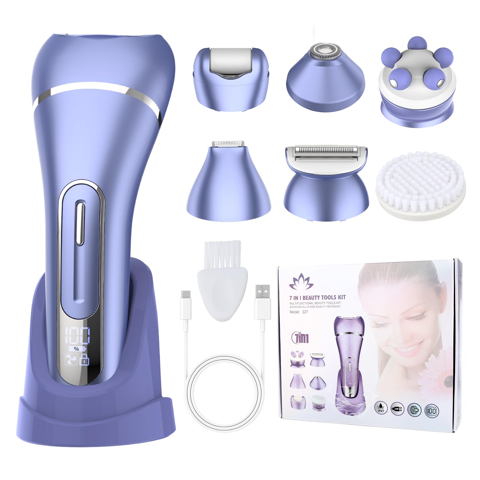 Qreeyx Epilator for Women, 7 in 1 Hair Removal for Women, Body Shaver, Bikini Trimmer, Face Razor, Facial Brush, Face Massage, Foot Callus Remover,