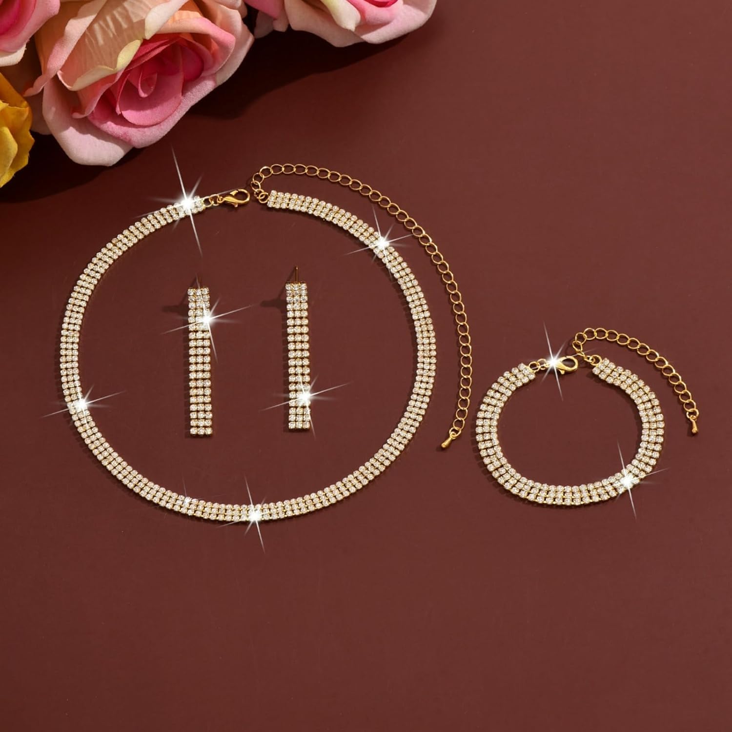 Brides Wedding Earrings Bracelet Necklace Set Vintage Sparkle Rhinestone Earrings Grace Crystal Bracelet Necklace Statement Party Wedding Ball Costume Jewelry Set for Women - Image 3