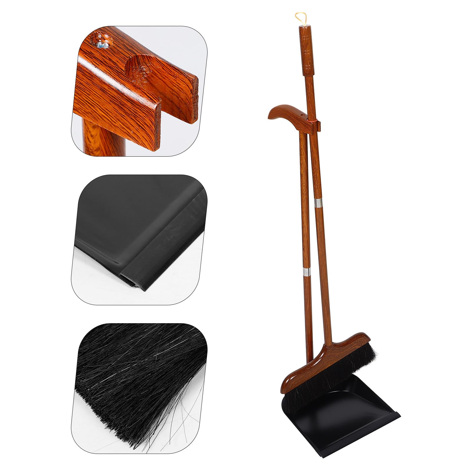 Recogedor de Mango Largo de Madera y Crin de Caballo para Limpieza | Escoba con Recogedor, Juego de Escoba y Recogedor de Pie, para Salón y Cocina, Limpieza Suave