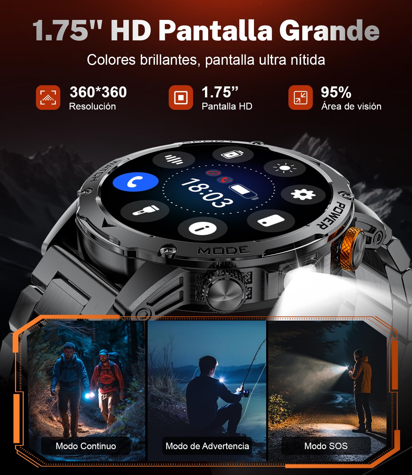 2025 Reloj Inteligente Hombre Militar 1000 mAh Batería/1,75'' HD Gran Display,Smartwatch Hombre con Linterna/Llamadas Bluetooth/130+ Modos Deporte/Frecuencia Cardíaca/Monitor de Sueño,para Android iOS