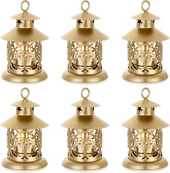 Romadedi Tealight Candle Holders Decorative Lantern - 6pcs Vintage Gold Mini Hanging Lantern for Tea Light Candle Decor Wedding Centrepiece Coffee Dining Table Shelf Outdoor Christmas