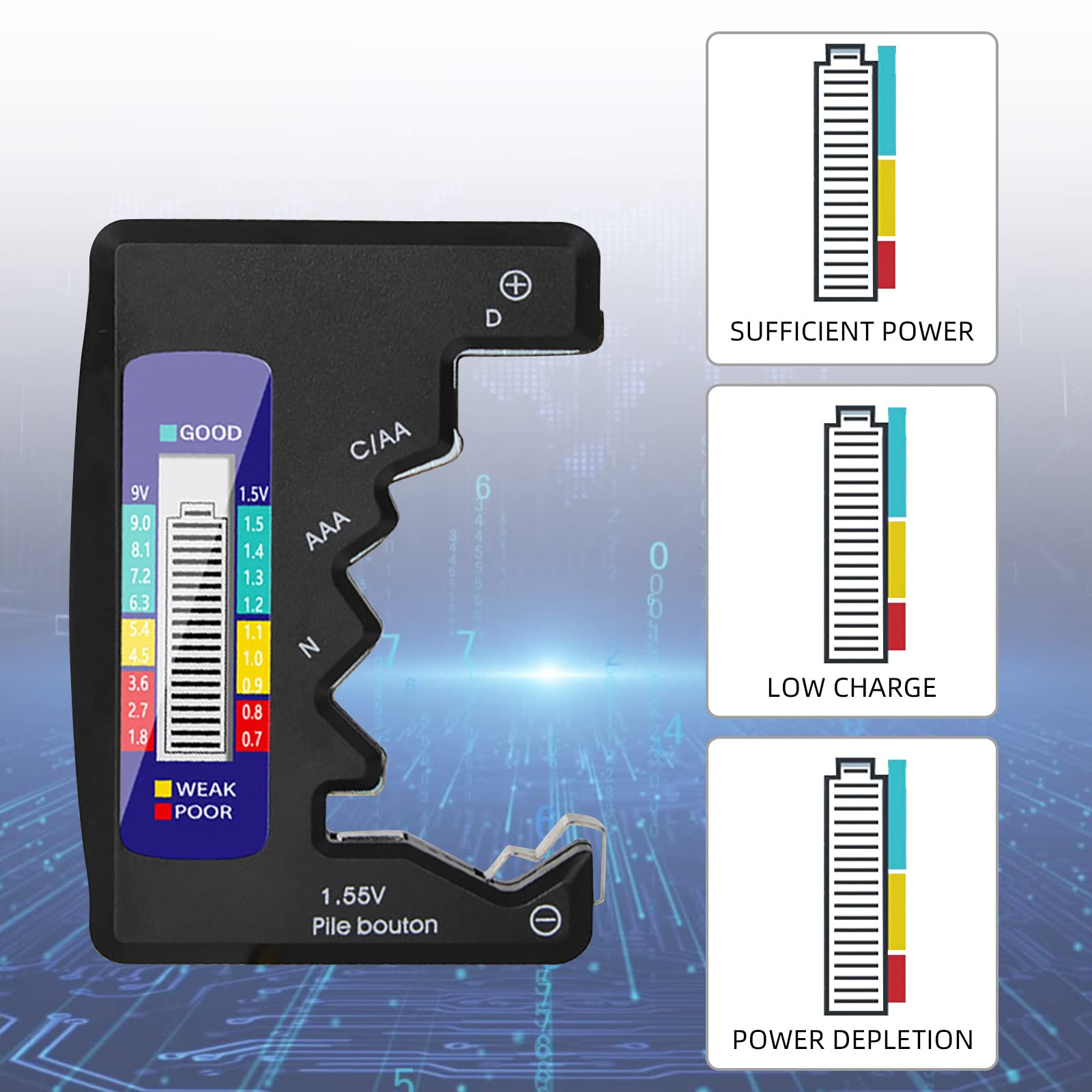 Tester della Batteria Universale con Display LCD Digitale per Batterie AA/AAA/C/D 1,5V-9V