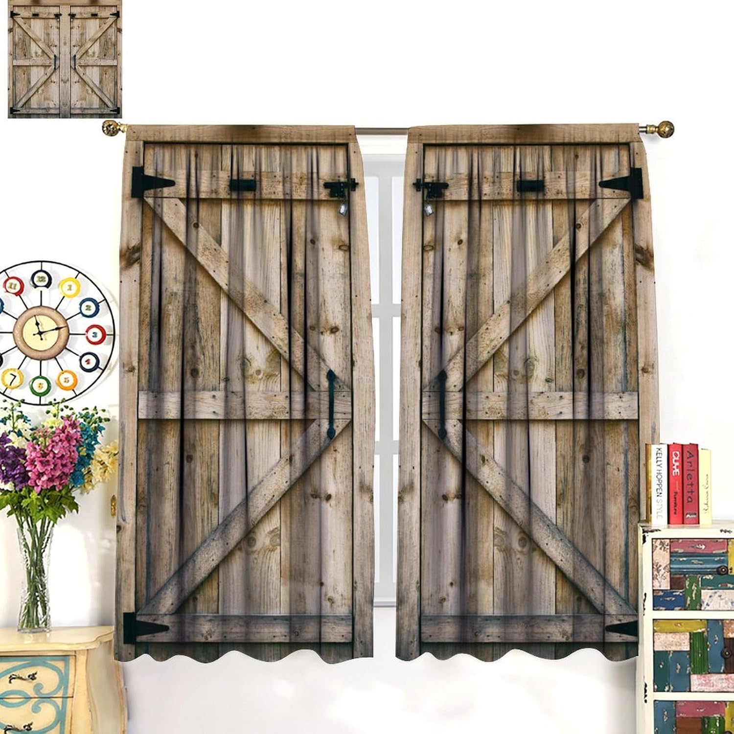 Western Vintage Wood Curtains Country Barn Door Farm Retro Curtain with Rod Pocket for Bedroom Living Room Home Decor Drapes Thermal Insulated Window Treatments 2 Panels Set 84" W X 84" L