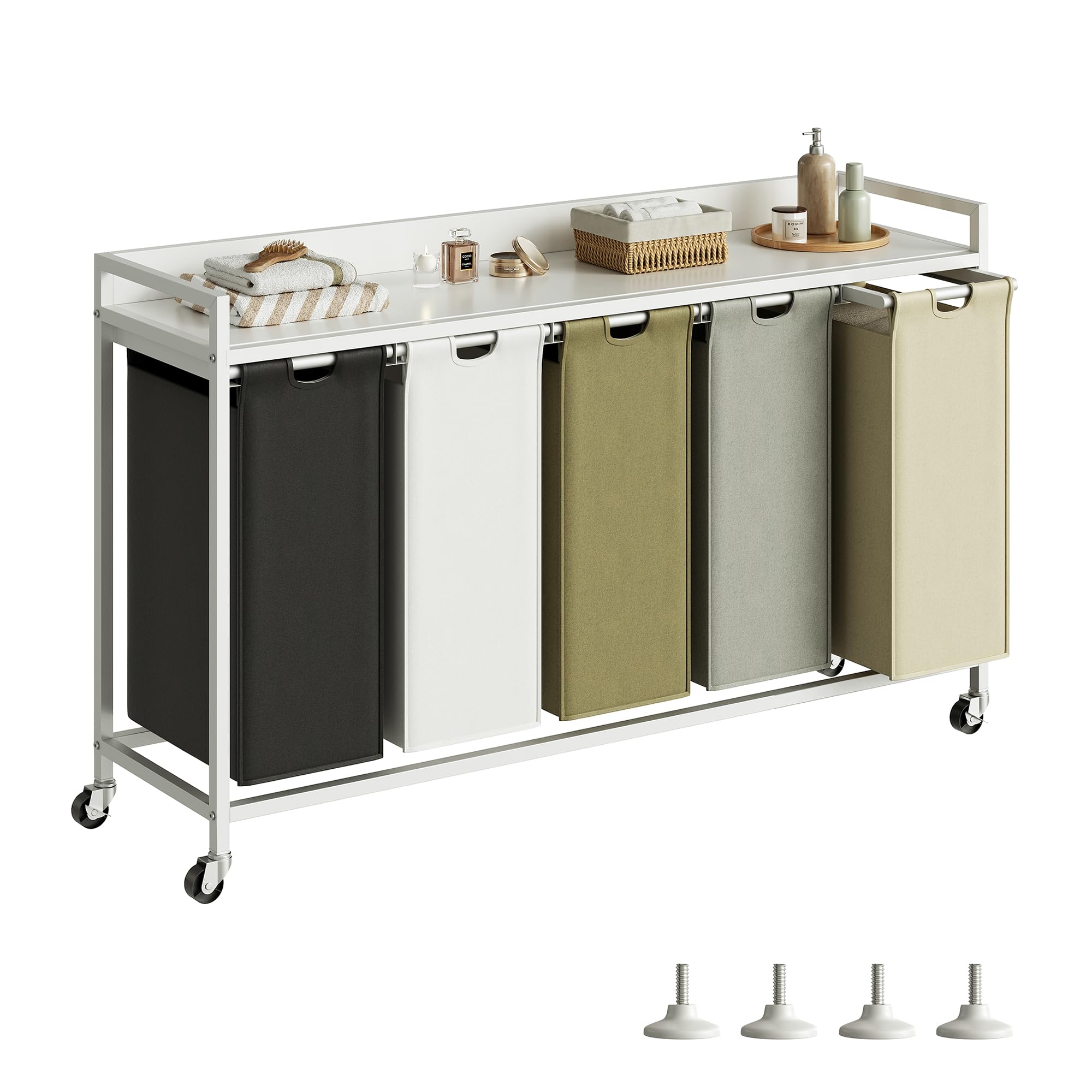 Herture 300L Laundry Basket 5 Compartments, Laundry Hamper with Shelf, Laundry Sorter with 5 Pull-Out Removable Bags and Wheels, Metal Frame, 5 x 60L, for Bathroom Utility Room, White PF08XLE