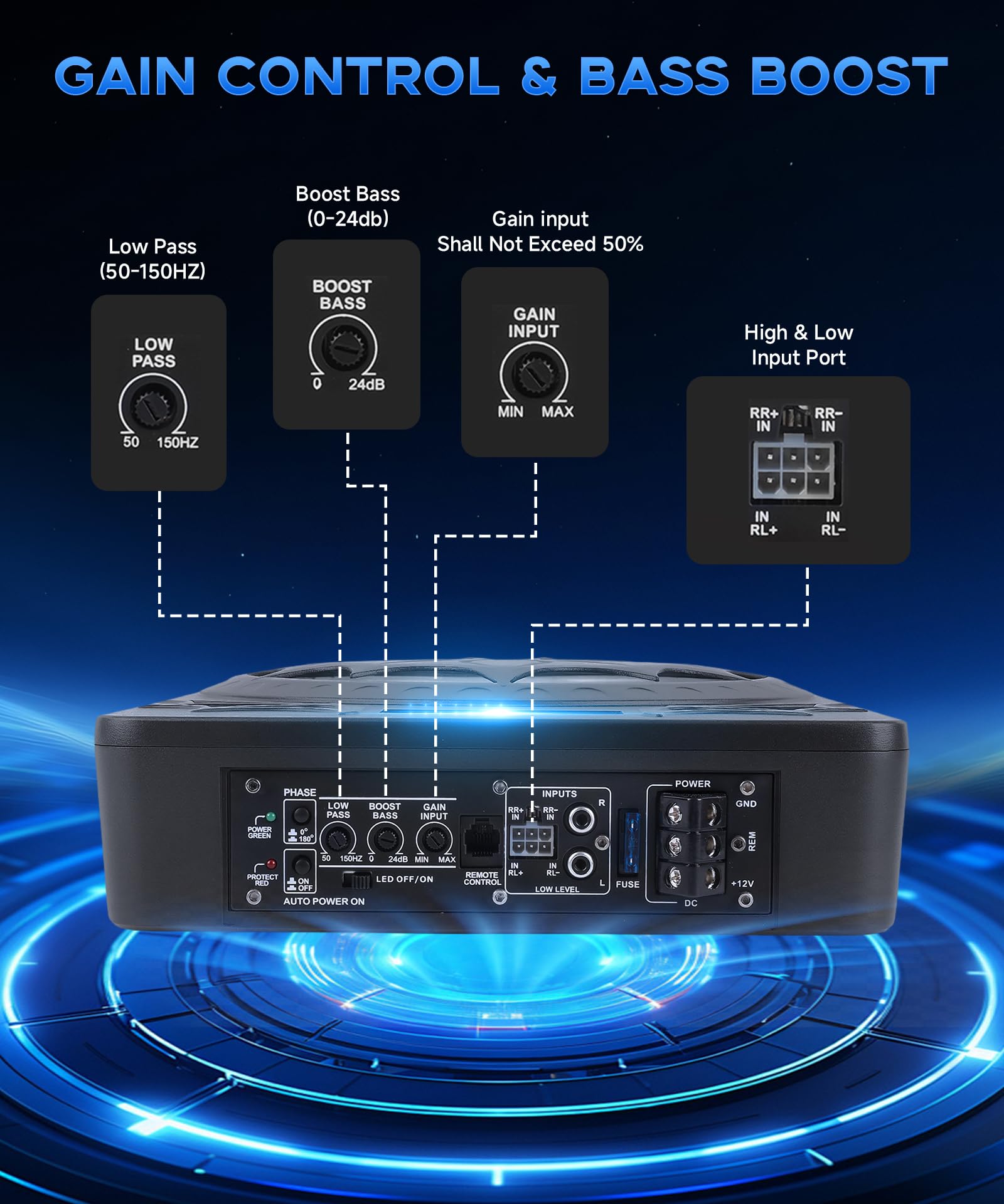 Subwoofer Attivo per Auto da 1200W 10 Pollici, Set Subwoofer e Amplificatore Ultrapiatto ad Alta Potenza da Posizionare Sotto il Sedile con Luce RGB Sincronizzata al Ritmo, Modello di pipistrello