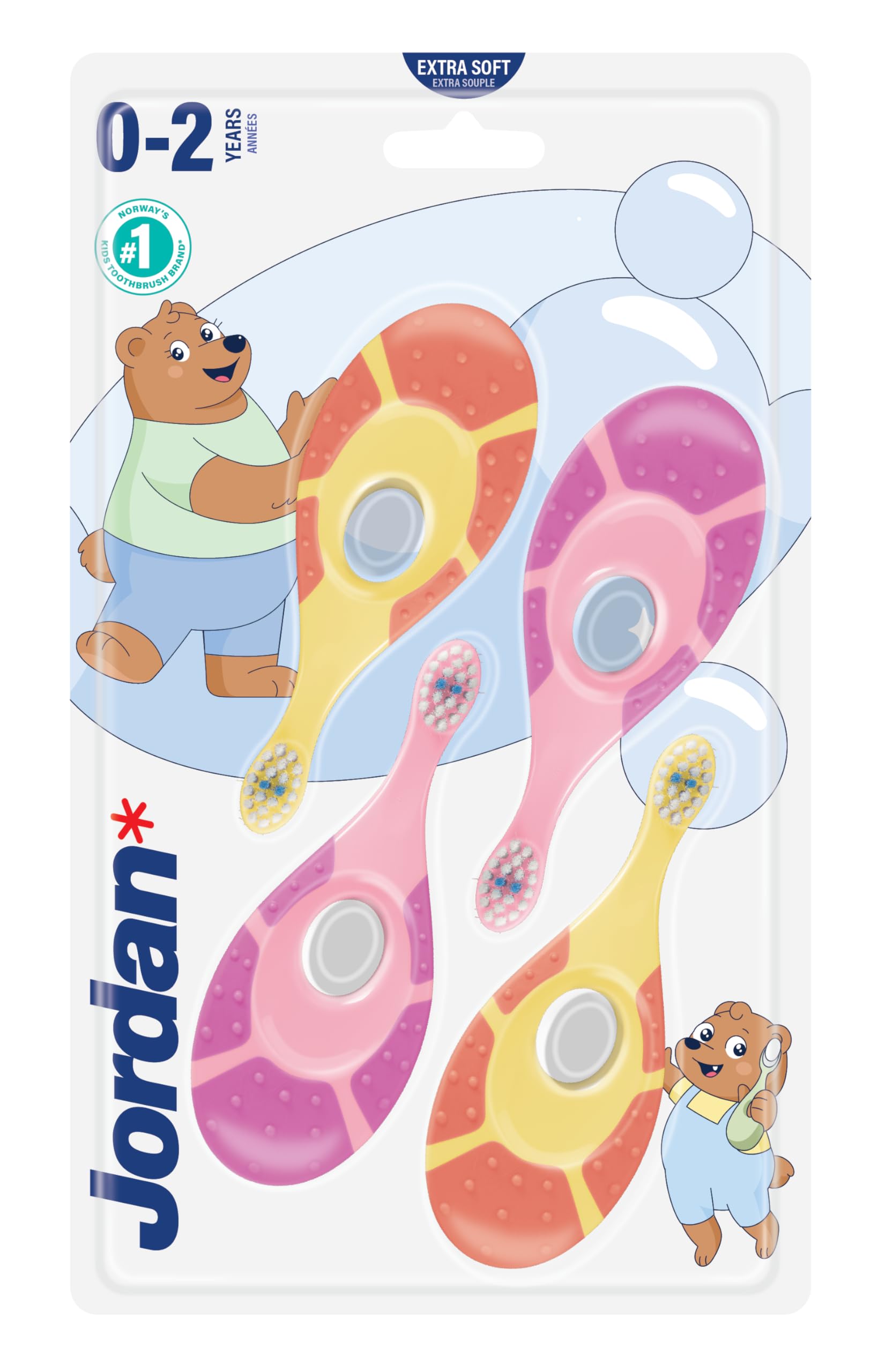 Jordan ® | Step 1 Baby Zahnbürste | Baby Zahnbürste 0-2 Jahre | Die Original Kleinkindzahnbürste mit extra weichen Borsten und weichem Beißring für Babygummis und Easy Grip | Rosa und Lila | 4-pack