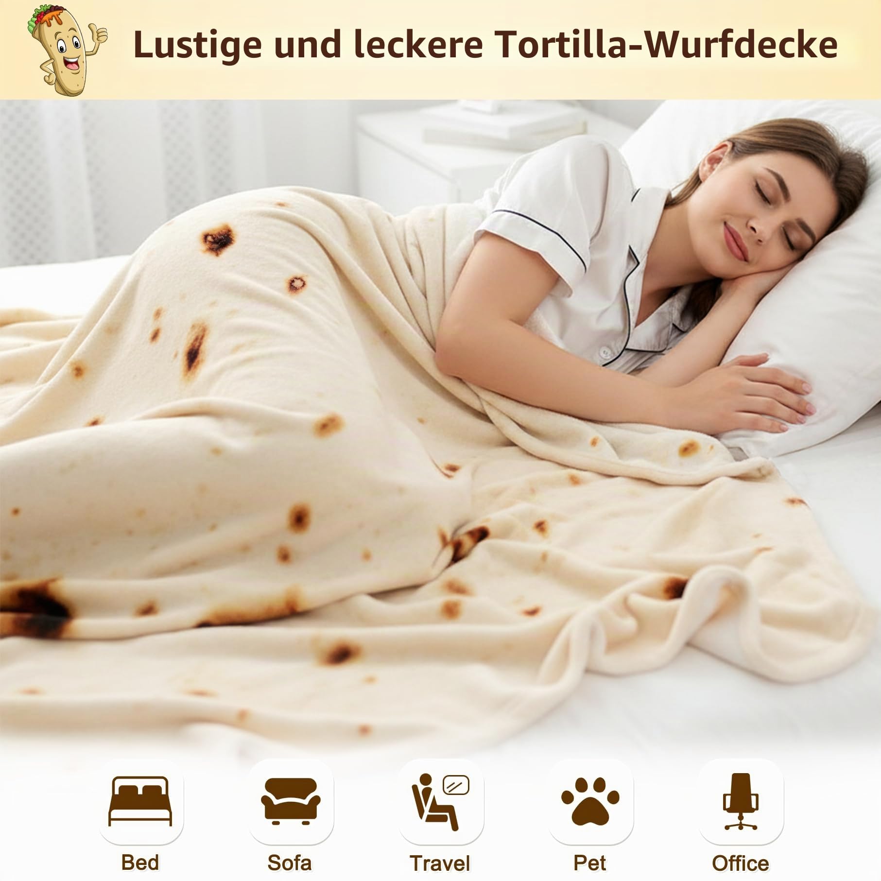 mermaker Burrito-Tortilla-Decke 2.0, doppelseitig, für Erwachsene und Kinder, riesige lustige realistische Lebensmitteldecke, 285 g/m², weiche Flanell-Taco-Decke, 180 cm (Gelb – doppelseitig)
