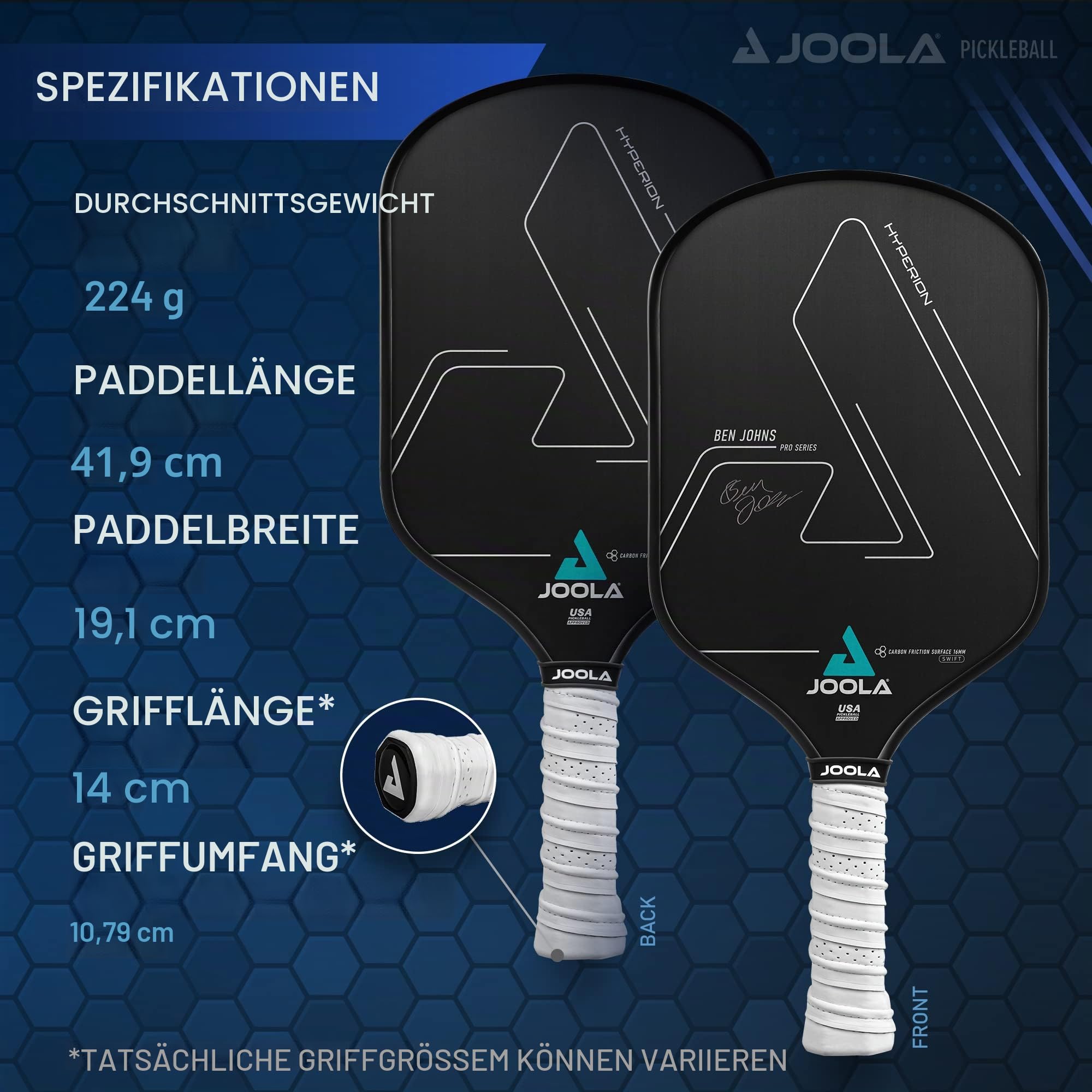 JOOLA Ben Johns Hyperion CFS 16 mm Swift Pickleball Paddel – USAPA zugelassen für Turnierspiele – Carbonfaser Pickle Ball Schläger – maximale Geschwindigkeit mit hoher Körnung und Spin