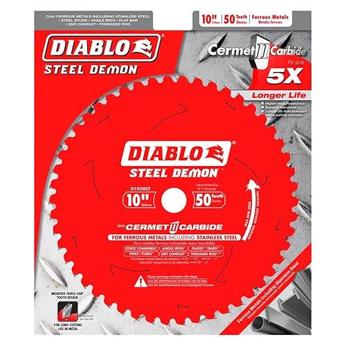 Miniatura 2 de Diablo Steel Demon Cermet II Hoja de sierra para metal mediano, 10 pulgadas de diámetro, 50 dientes TCG, eje de 1 pulgada, corte de .083 pulgadas,