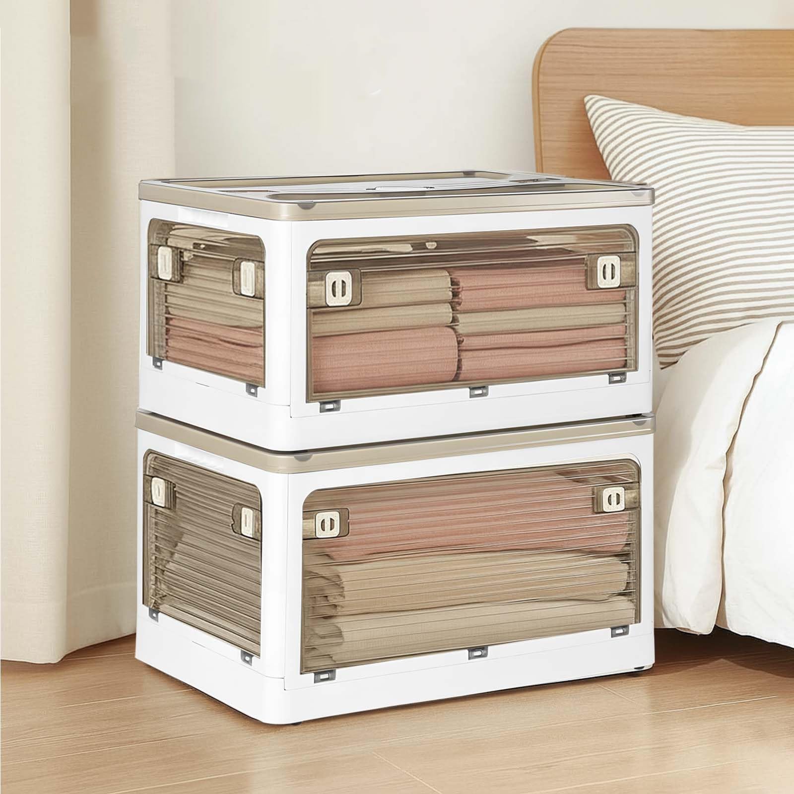 Levede White Storage Boxes With Lids, 55L*2 Pack Plastic Box With Doors, Stackable Storage Drawers With Wheels, Foldable Large Organiser Boxes Clothes Container For Home Office Garage