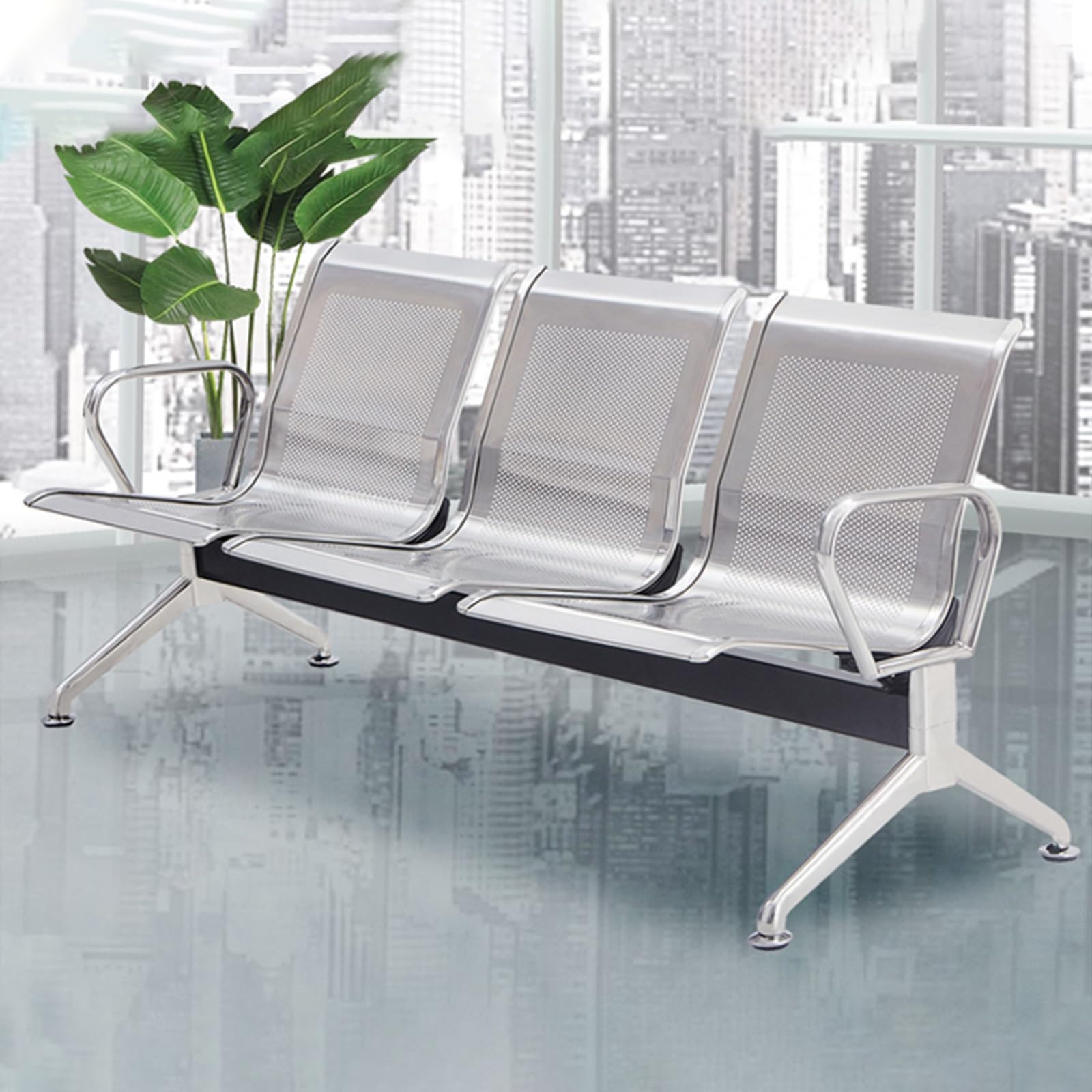 HCZKIUJY 3-Seat Waiting Room Chairs - PU Leather Reception Bench with Arms, Comfortable Lobby Seating for Office, Hospital, Airport, Bank & Conference Areas
