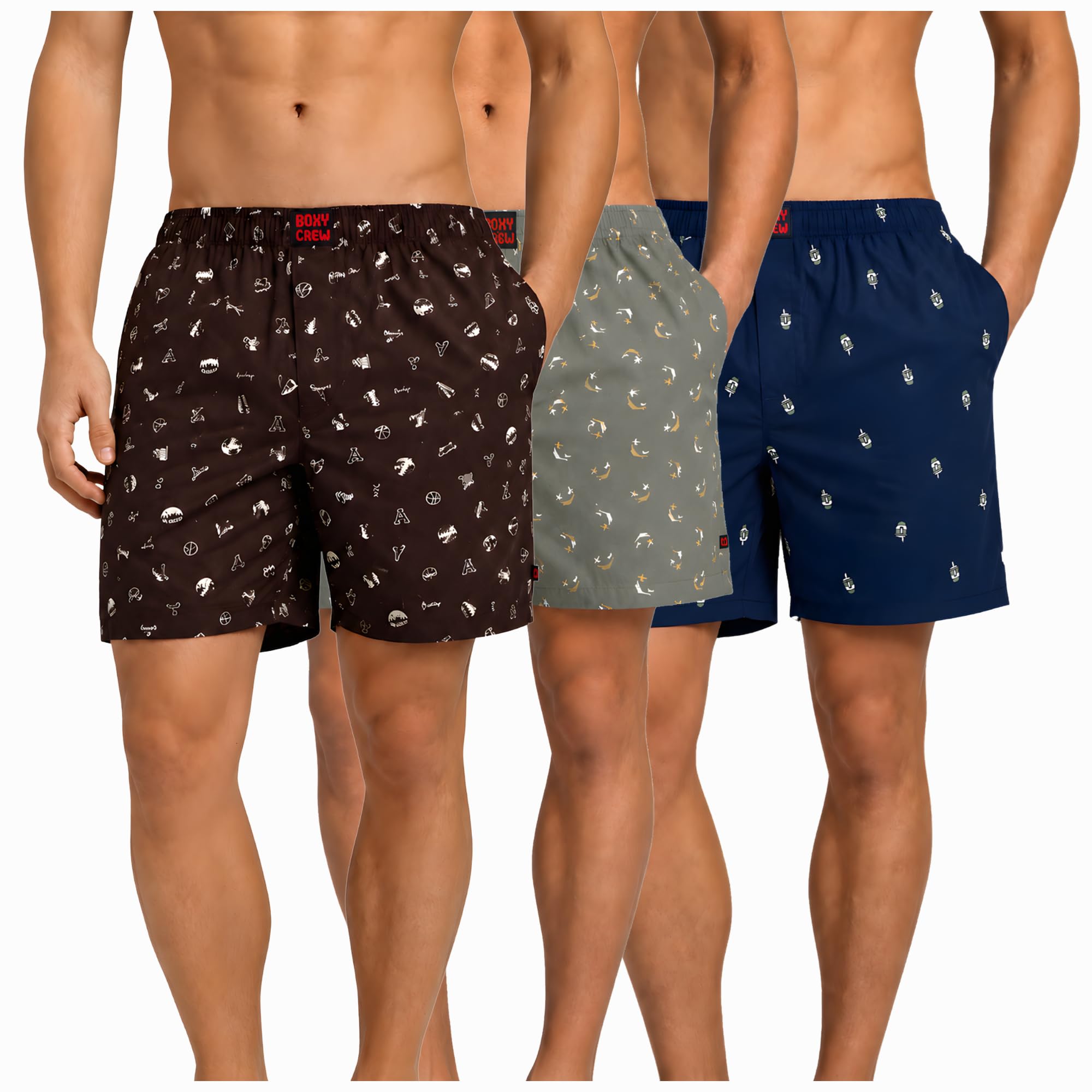 Men's 100% Cotton Boxer Shorts Pack of 3, Brown, Green & Navy Blue | Woven Boxers with Side Pockets, No-Marks Elastic Waistband, Breathable Relaxed Fit | Style 005-008-011-image-43