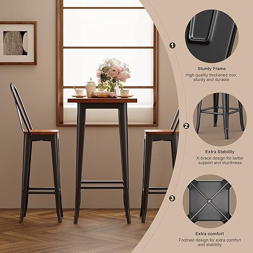 Miniatura 4 de Aiho Juego de mesa y sillas de bar, mesa y sillas de pub, con olmo de madera maciza y marco de metal grueso, para bar, espacio pequeño, bistro café