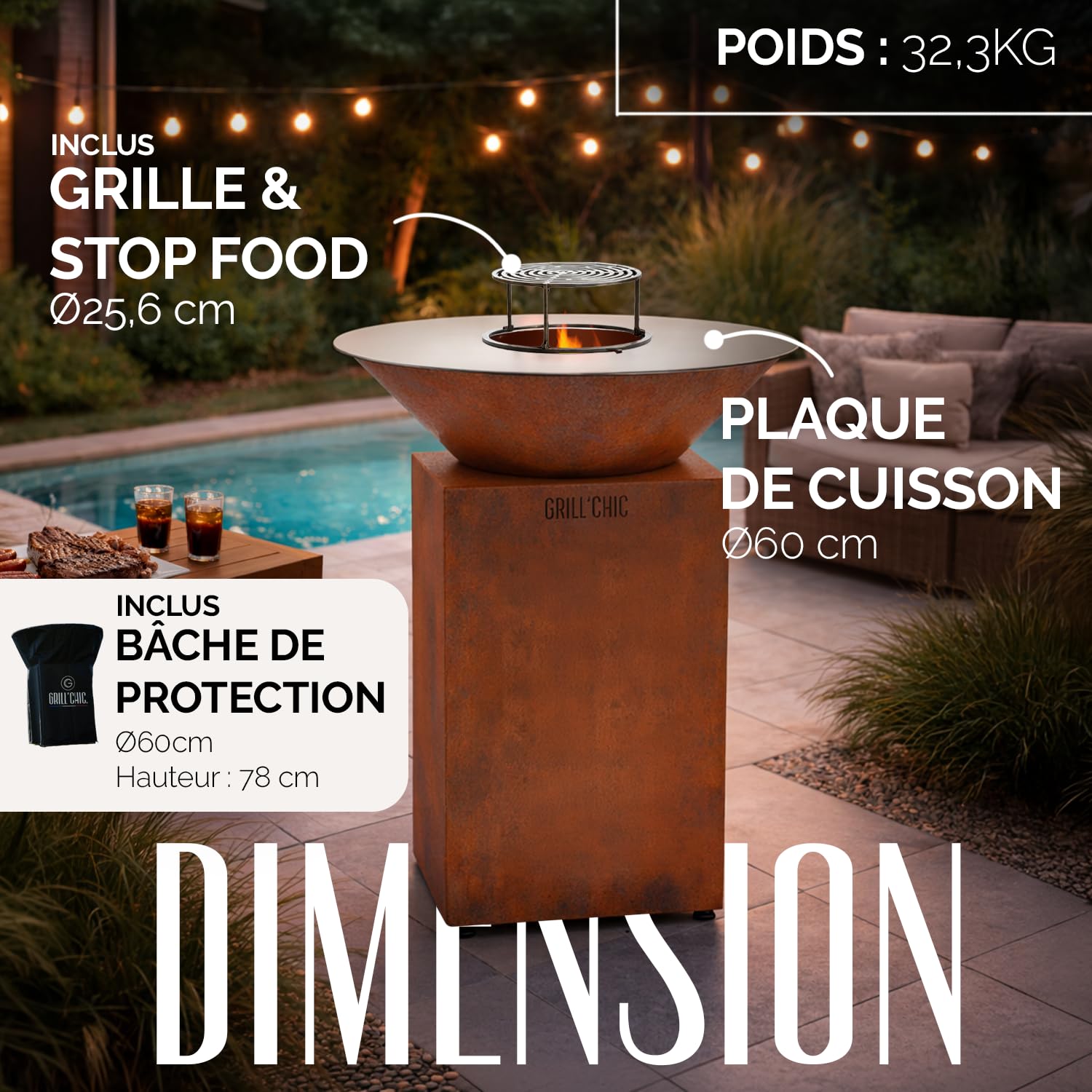 GRILL'CHIC - Pack Privilège Brasero Auvergnat Corten Normal Rond - Simple Cuve - Avec Bâche + Grille + Stop Food Inclus - À Assembler - Fabriqué en France - Ø60 x 78 cm