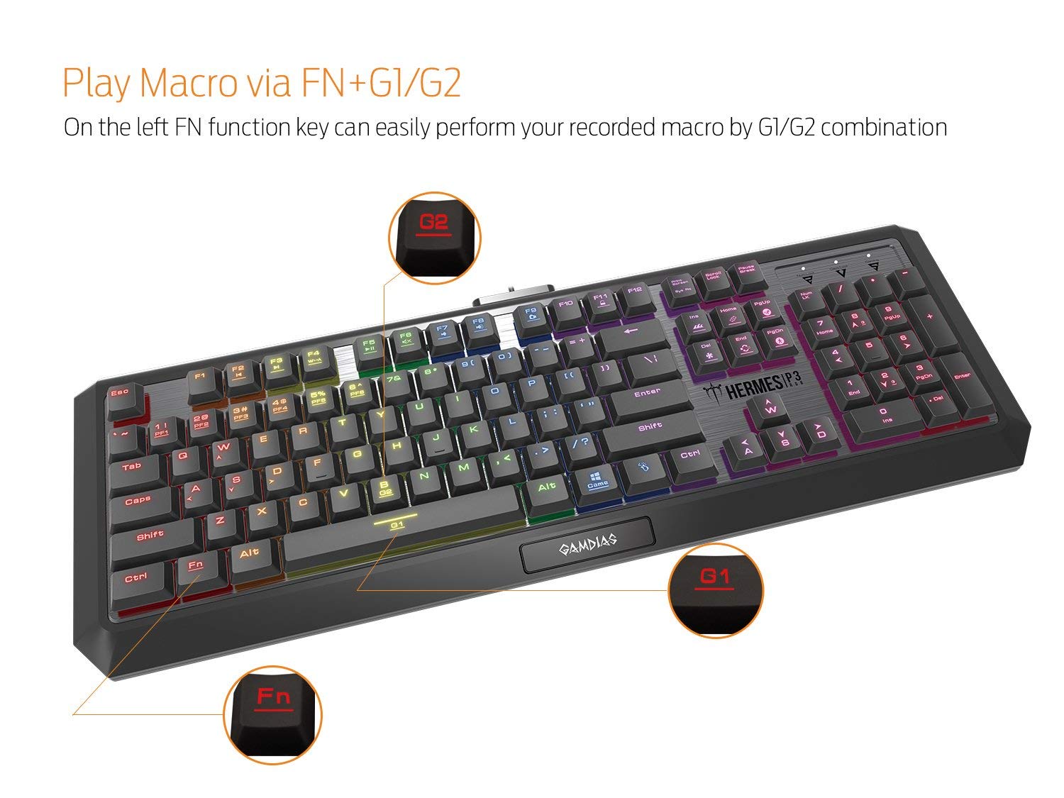 GAMDIAS Hermes P3 Black mechaniczna klawiatura USB Gaming 104 klawisze Low Profile RGB Switches niebieskie podświetlenie klawiatury układ UK