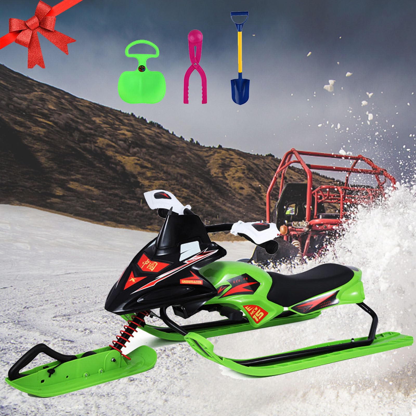 Luge D'hiver Avec Volant – Adulte, Capacité 100 Kg, Acier Carbone/PEHD, 50x120x38 Cm, Rouge/noir