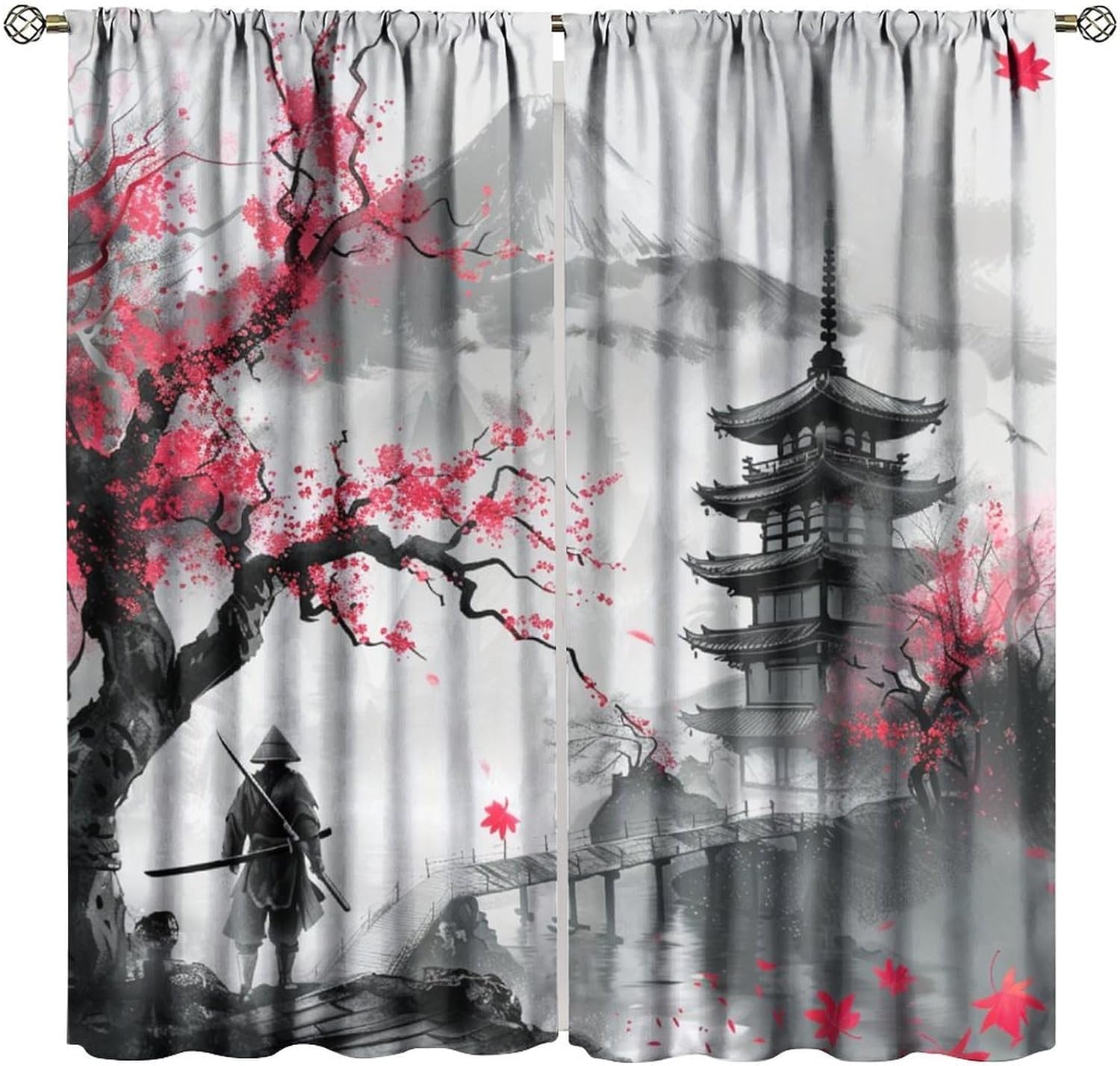 Ink Painting Blackout Curtains, Japanese Ancient Vintage Sword Samurai Nature Rod Pocket Window Treatment for Bedroom Living Room Kitchen Drapes 72" W X 63" L