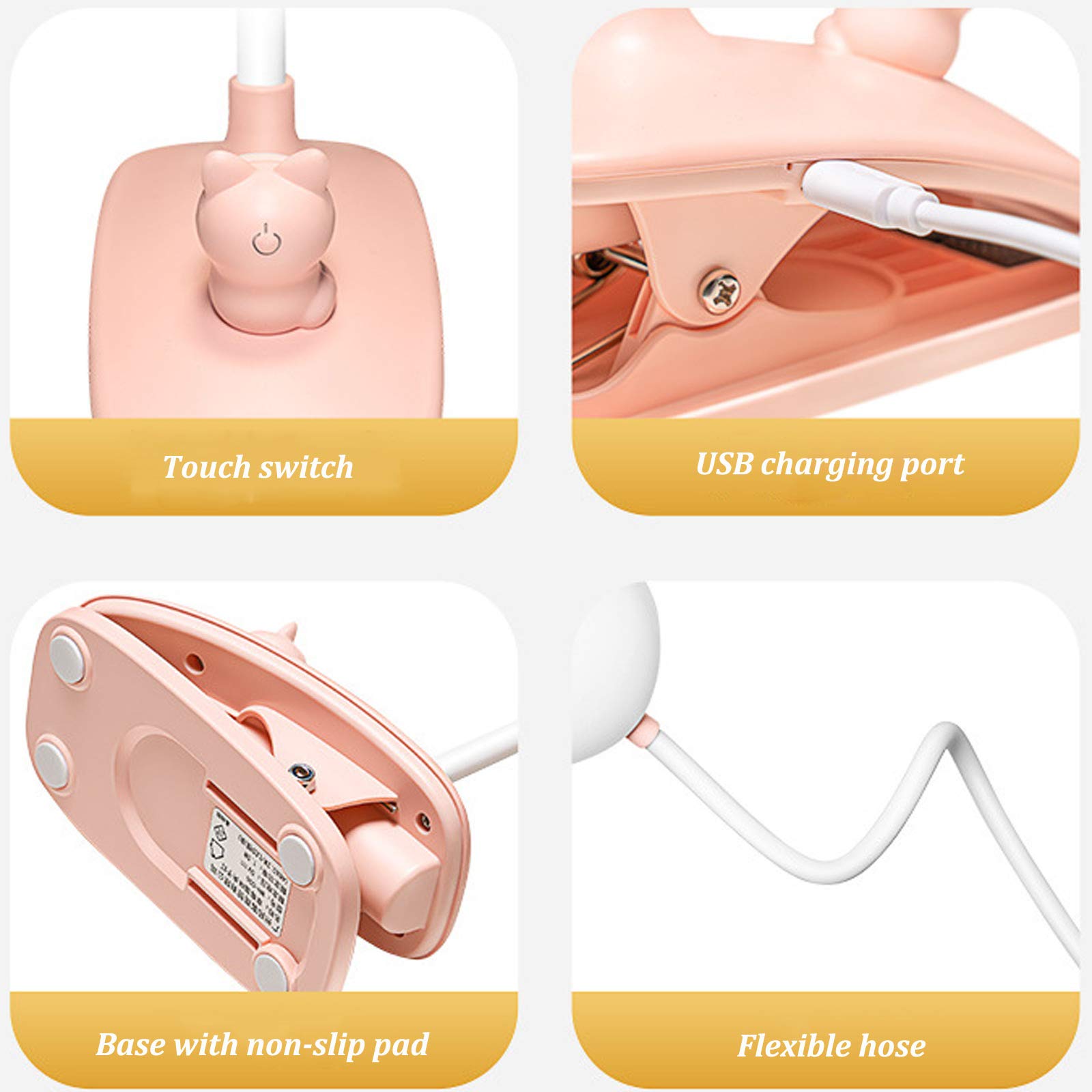 ACMHNC LED Lampe À Pince Pour Lit Enfant, Flexible À 360° Liseuse Clipsable 3 Modes Éclairage Et 5 Intensité Variable, Lampe De Bureau Led Sans Fil Rechargeable USB Pour Livre Au Lit,Rose