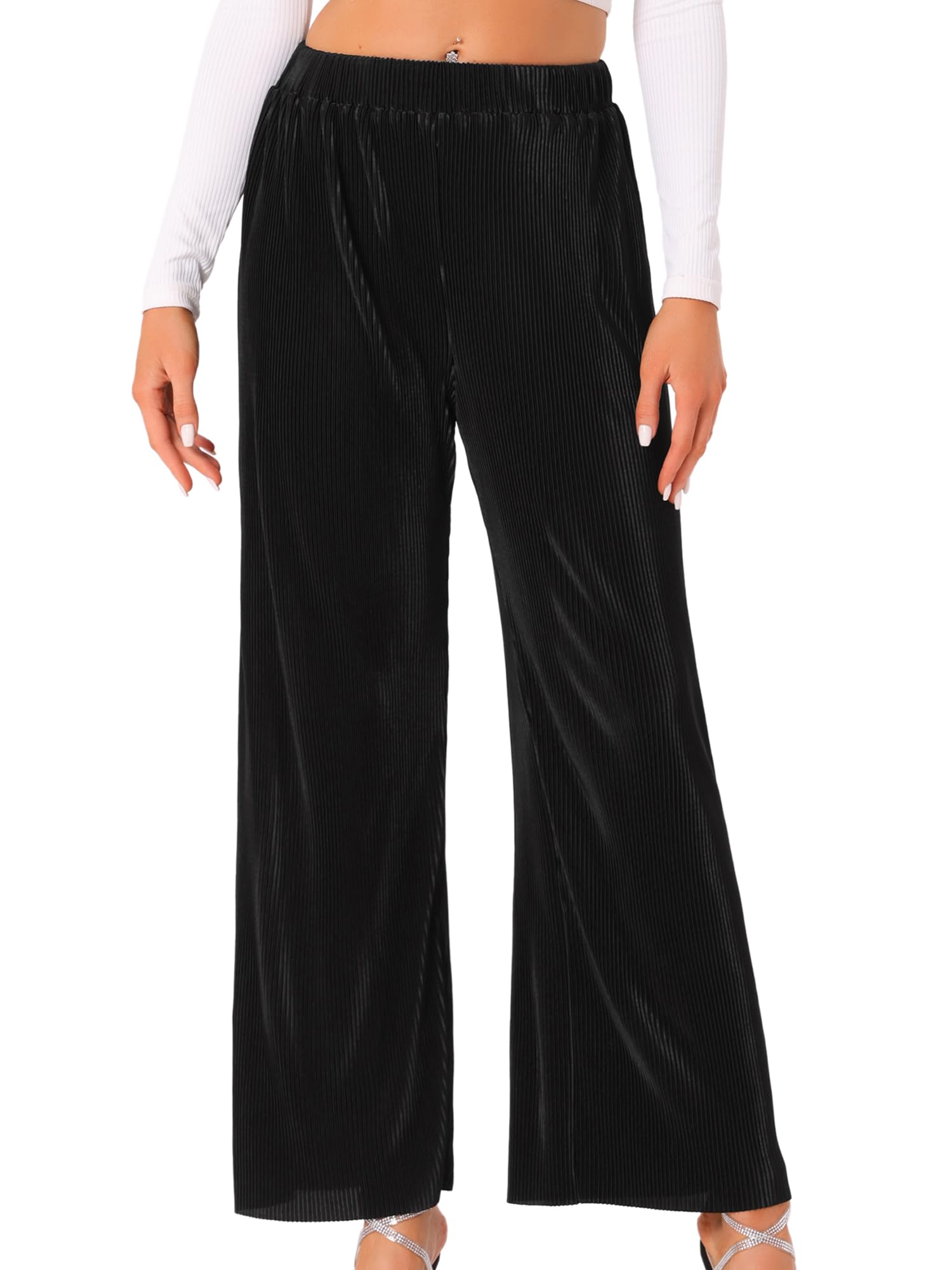 Allegra K Wide Leg Pants for Womens Pleated Shiny High Waist Elastic Casual Outfit Party Trousers