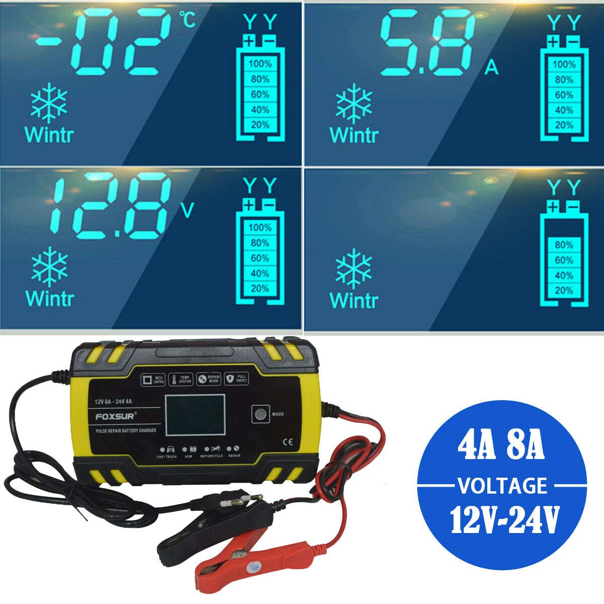 MASO 8 A inteligentna ładowarka do akumulatora samochodowego, 12 V, 24 V, do samochodów osobowych, ATV, łodzi, motocykli, wtyczka UE
