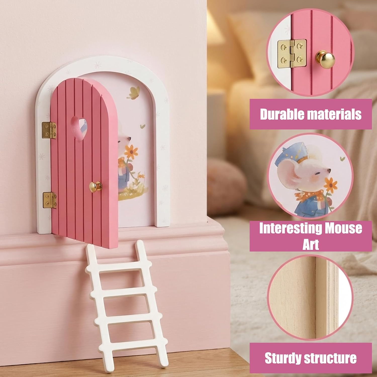 Fairy Door for Wall, Fairy Door, Pink Wooden Fairies Doors with Ladder and Cute Mouse, Creative Fairy Garden Decor for Men and Women Tool Spaces and Holiday Decorating