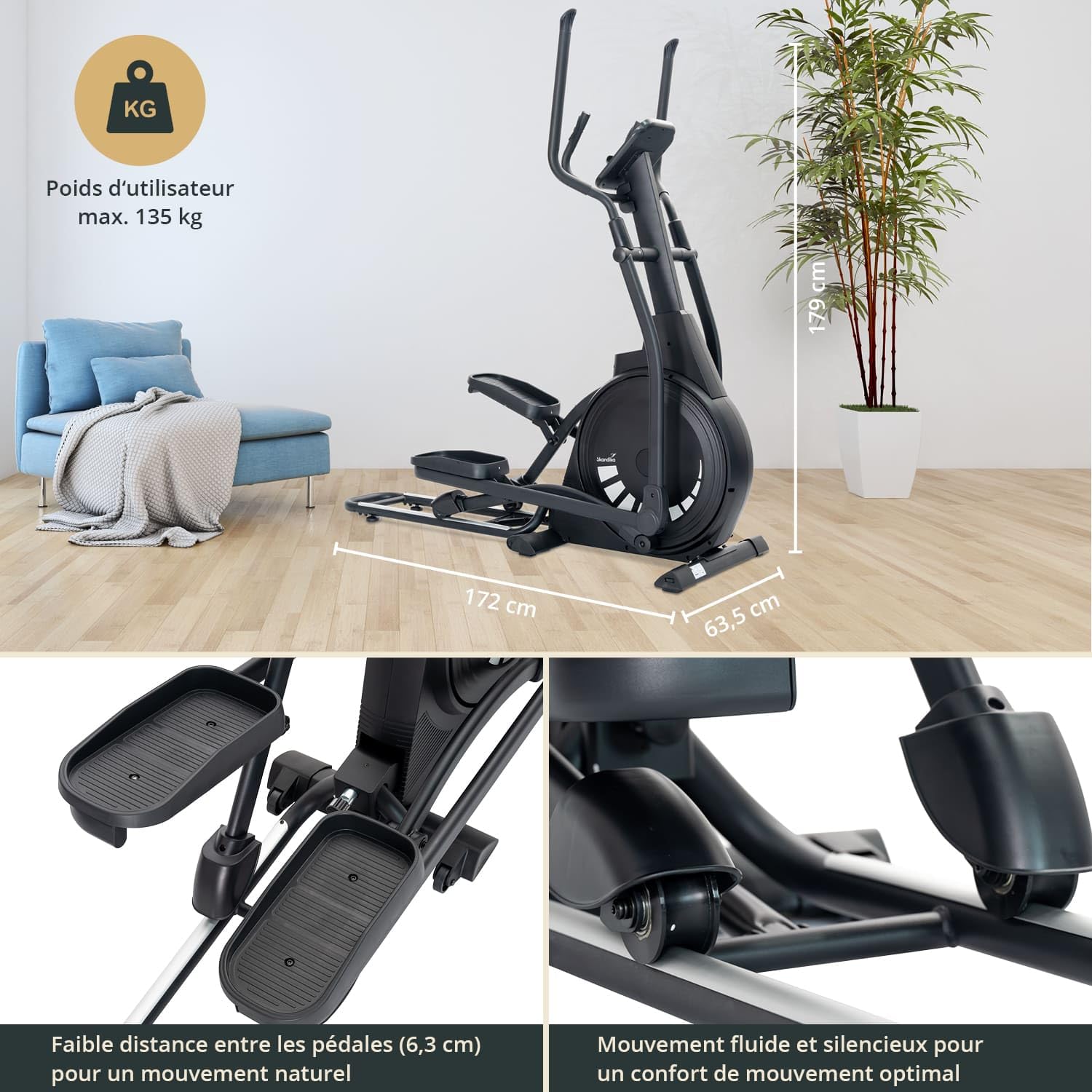 Skandika Vélo elliptique Carbon P23 | Vélo elliptique d'appartement, avec Inclinaison ou Pliable, Frein magnétique, connecté, Compatible Kinomap, Bluetooth, Max 135KG