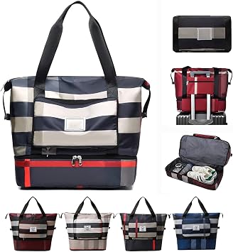 2022 New Foldable Dry/Wet Separation Travel Bag, Knowledee Lightweight Waterproof Foldable Travel Duffel Bag Large Capacity Expandable Folding Womens Sports Gym Tote for Sports, Camping Black