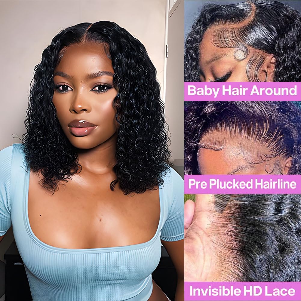 Bob Wig Human Hair for Black Women 13x4 Lace Front Human Hair Wigs Deep Curly Bob Brazilian Virgin Pre Plucked Natural Hairline HD Transparent Lace Frontal Wig Natural Colour 12 inch - Image 3