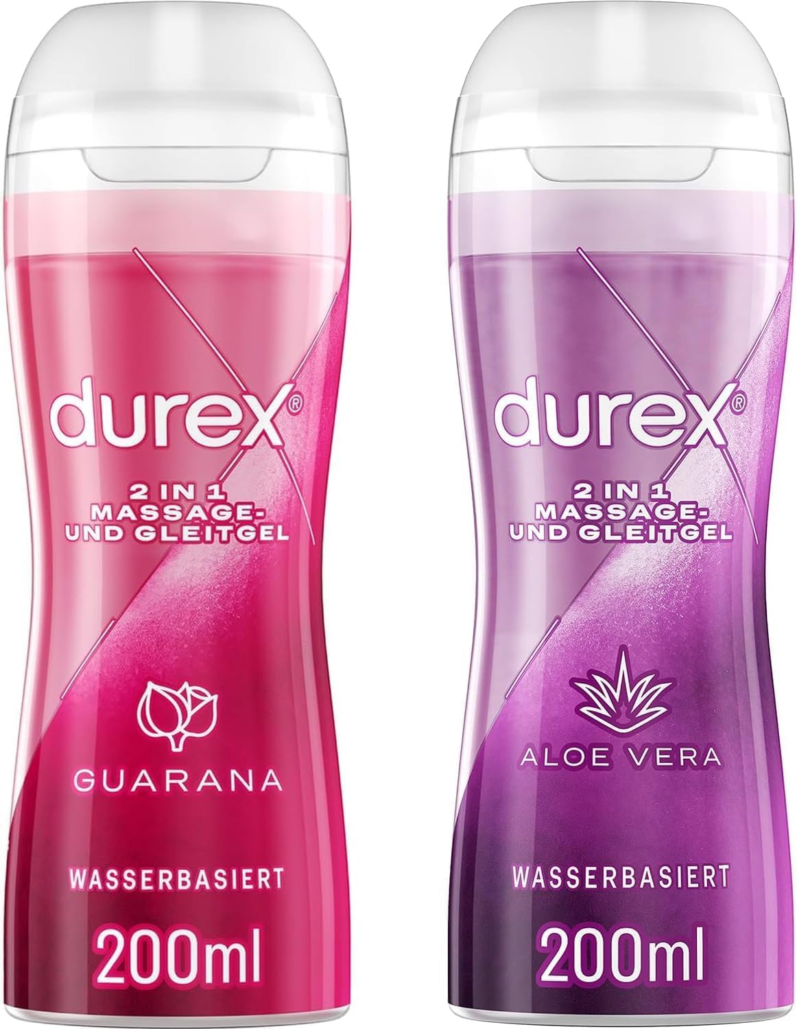 Durex Gleitgel 2-in-1 Massage Gel – wasserbasiertes Gleitmittel für Ganzkörpermassagen & Intimbereich – klebt nicht & hinterlässt keine Flecken – Aloe Vera und Guarana – 2 x 200 ml