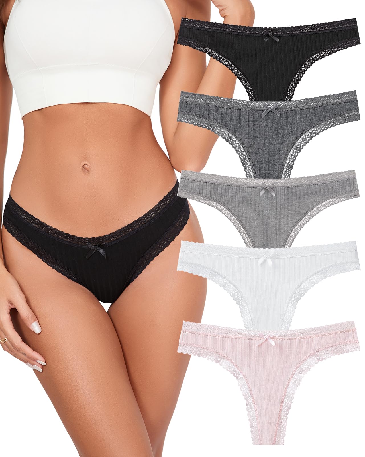 Super Soft Women's Thongs Lace Underwear Breathable Viscose Panties Sexy No Show Undies 5 Pack