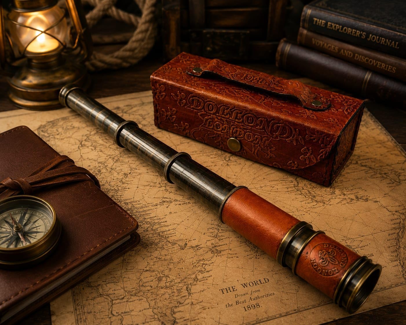 Vintage Brass Pirate Spyglass Telescope with Lather Storage Box – Handcrafted Nautical Maritime Telescope, Antique Brass Monocular Scope, Explorer Gift & Home Office Decor