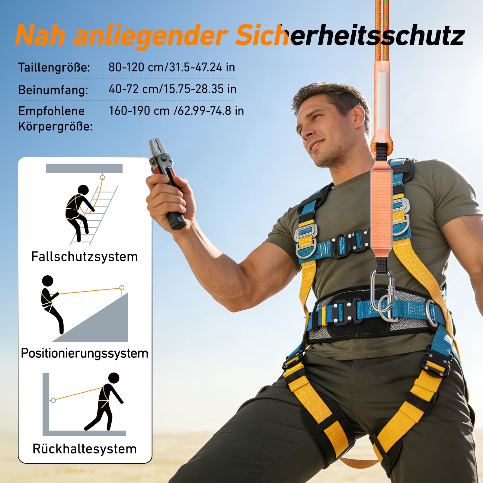 Cinturón de protección contra caídas de cuerpo completo con soporte lumbar reforzado para trabajos de altura, limpieza de paredes exteriores y obras según sistema de retención y recogida
