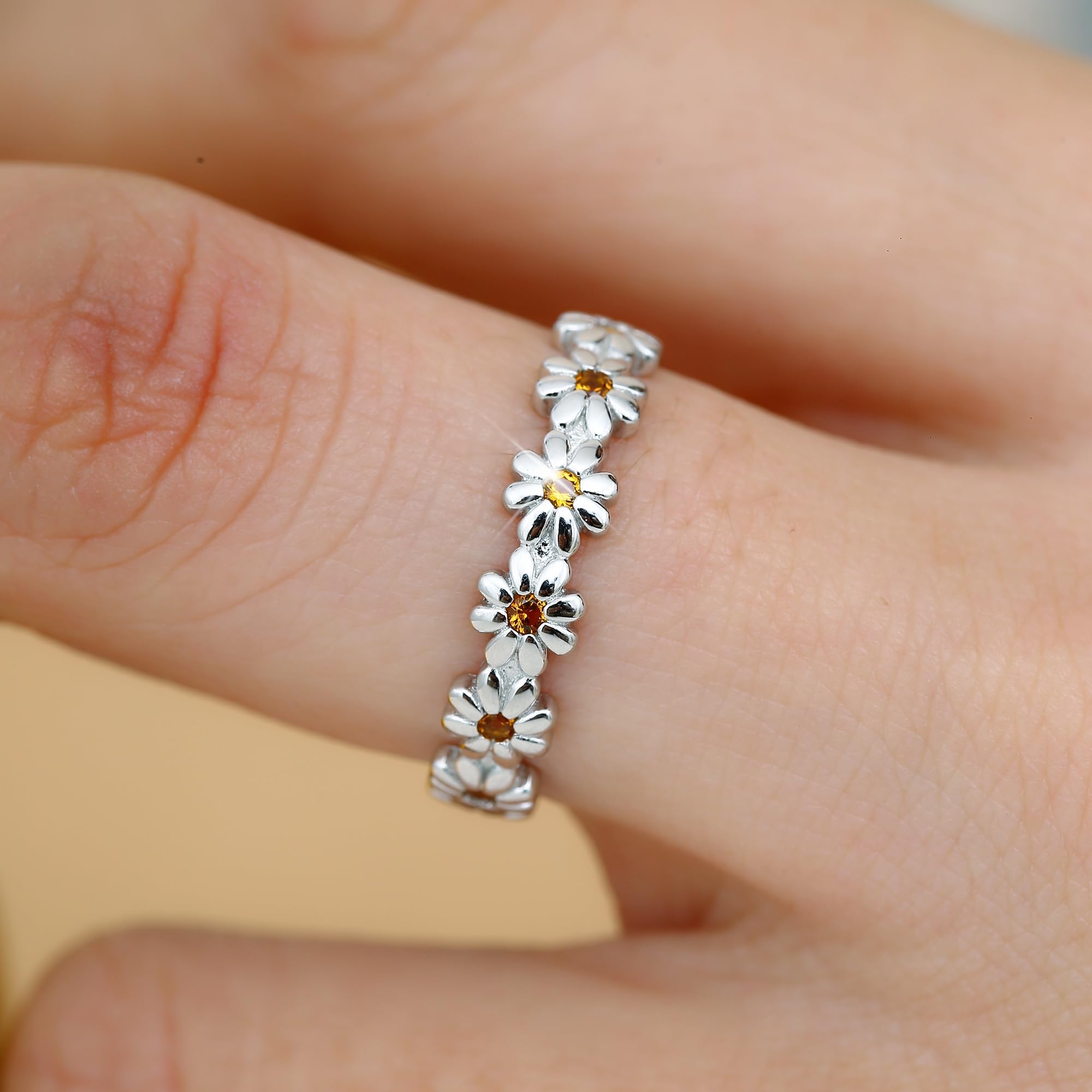 925 Sterling Silver Ring 18K Gold Plated Daisy Flower Ring Paved with Coloful Cubic Zirconia High Polished Sunflower Stacking Statement Wedding Band Ring
