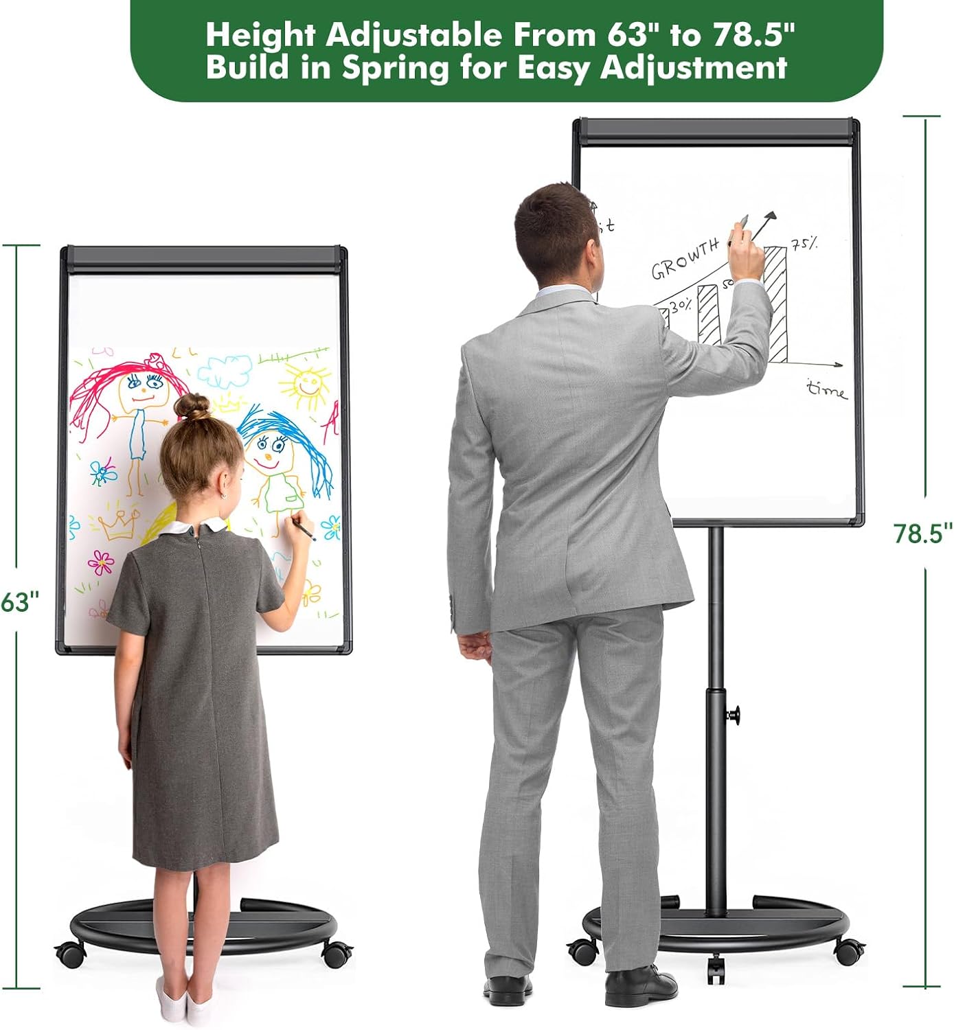 Mobile Whiteboard, Magnetic Dry Erase Board with Stand 40x28 inch, Height Adjustable Flipchart Easel Movable Rolling Stand White Board on Wheels with Dry Erase Markers, Magnets, Eraser (Black) Black 40x28