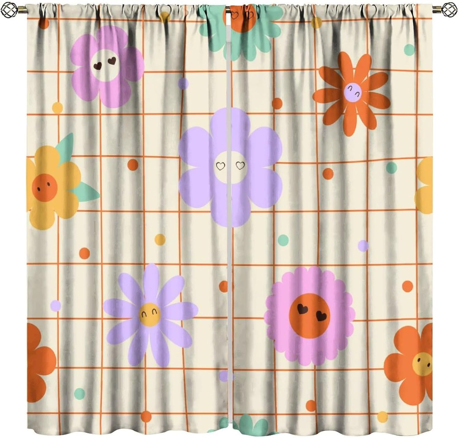 Vintage Hippie Wave Block Curtains, Abstract Brick Colorful Funny Trippy Groovy 70s Floral Window Treatments, Blackout Thermal Insulation Rod Pocket For Living Room Bedroom Bathroom (21x45in)x2 Panels