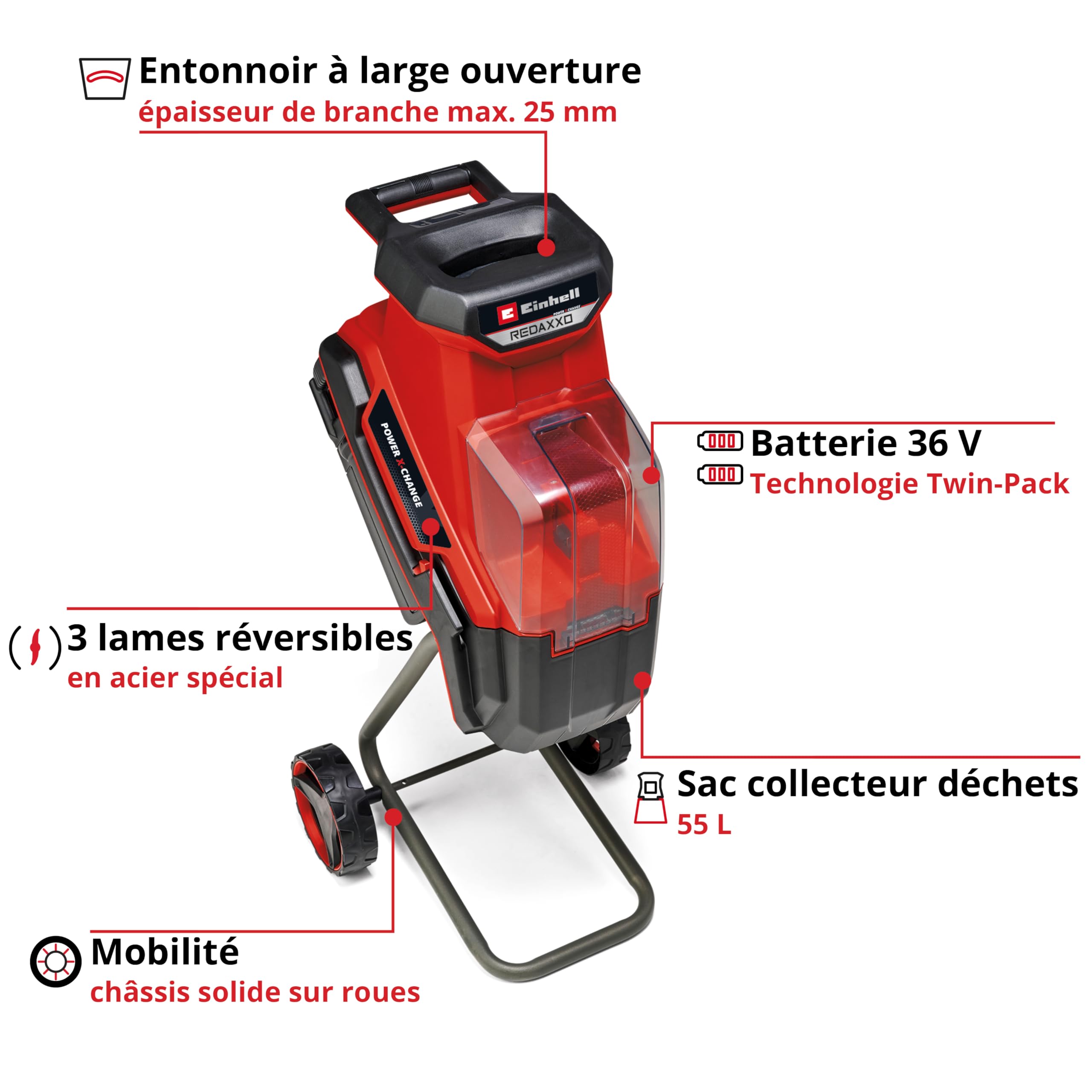 Einhell Broyeur de végétaux sans fil REDAXXO 36/25 Solo Power X-Change (36V, 3 lames réversibles en acier spécial, sac collecteur 55 L) Livré sans Batterie ni Chargeur